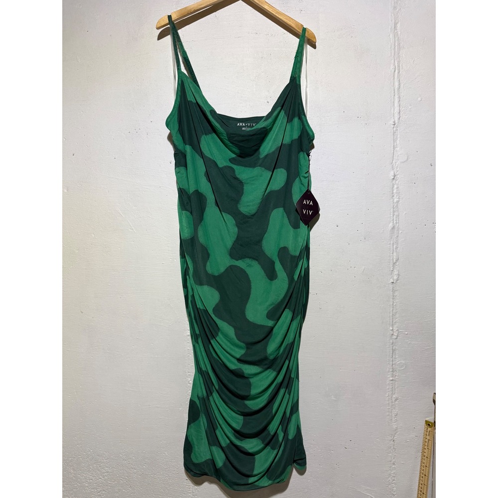 Ava & Viv Womens 2X Green Abstract Ruched Bodycon Midi Dress NWT Spandex